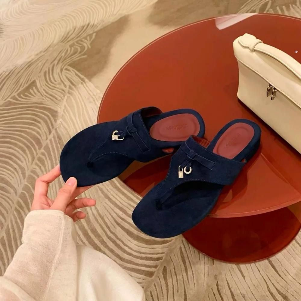 Loro Piana Summer Charms Walk Sued Thong Sandals - Navy Blue