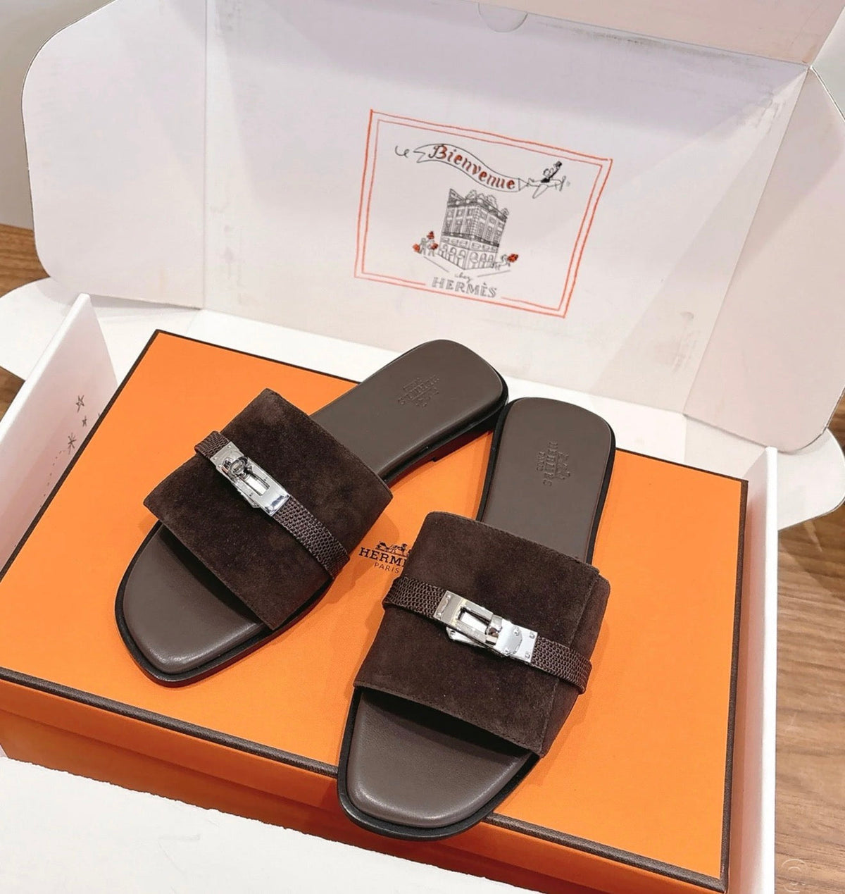 Hermes Gabriel Slides with Brand BOX- Suede